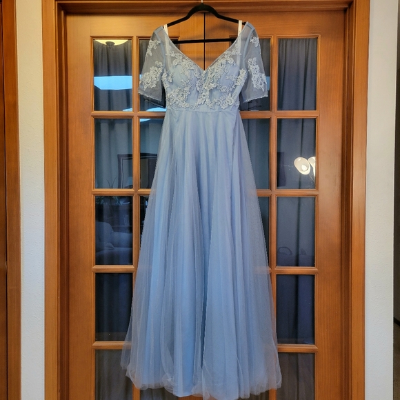 Azazie "Brenda" Long Tulle/Lace Dress in Dusty Blue Custom Sz 4/6 - Picture 2 of 16